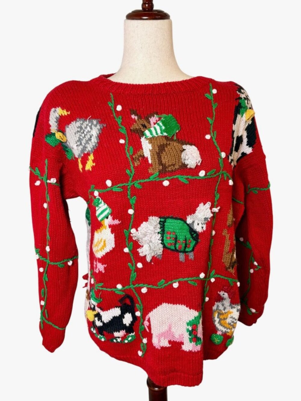 Vintage Eagle's Eye Red Farm Goose Cow Pig Christmas Sweater Size Large
